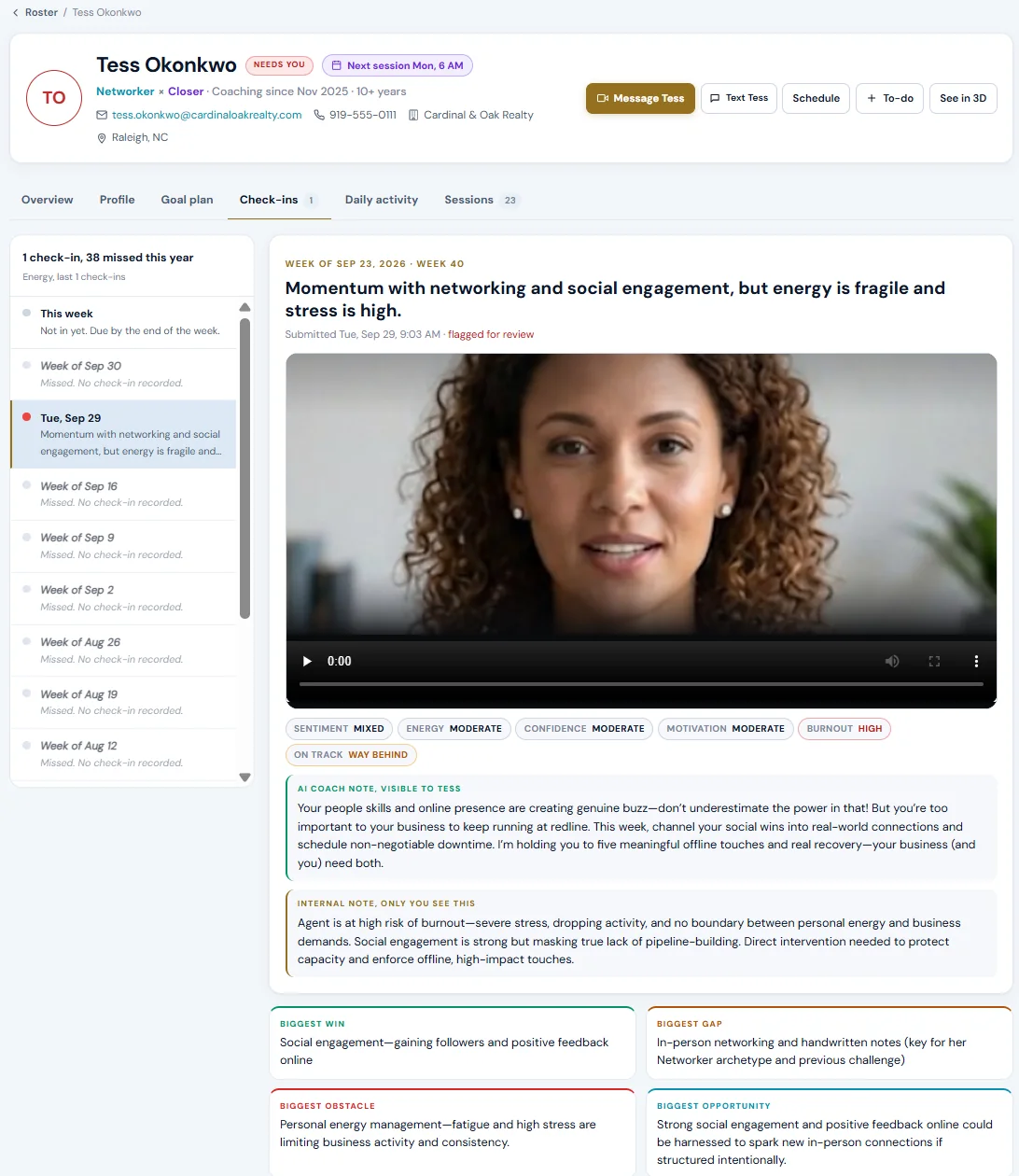An agent's weekly video check-in with sentiment, energy and burnout read, the AI coach note and a private internal note