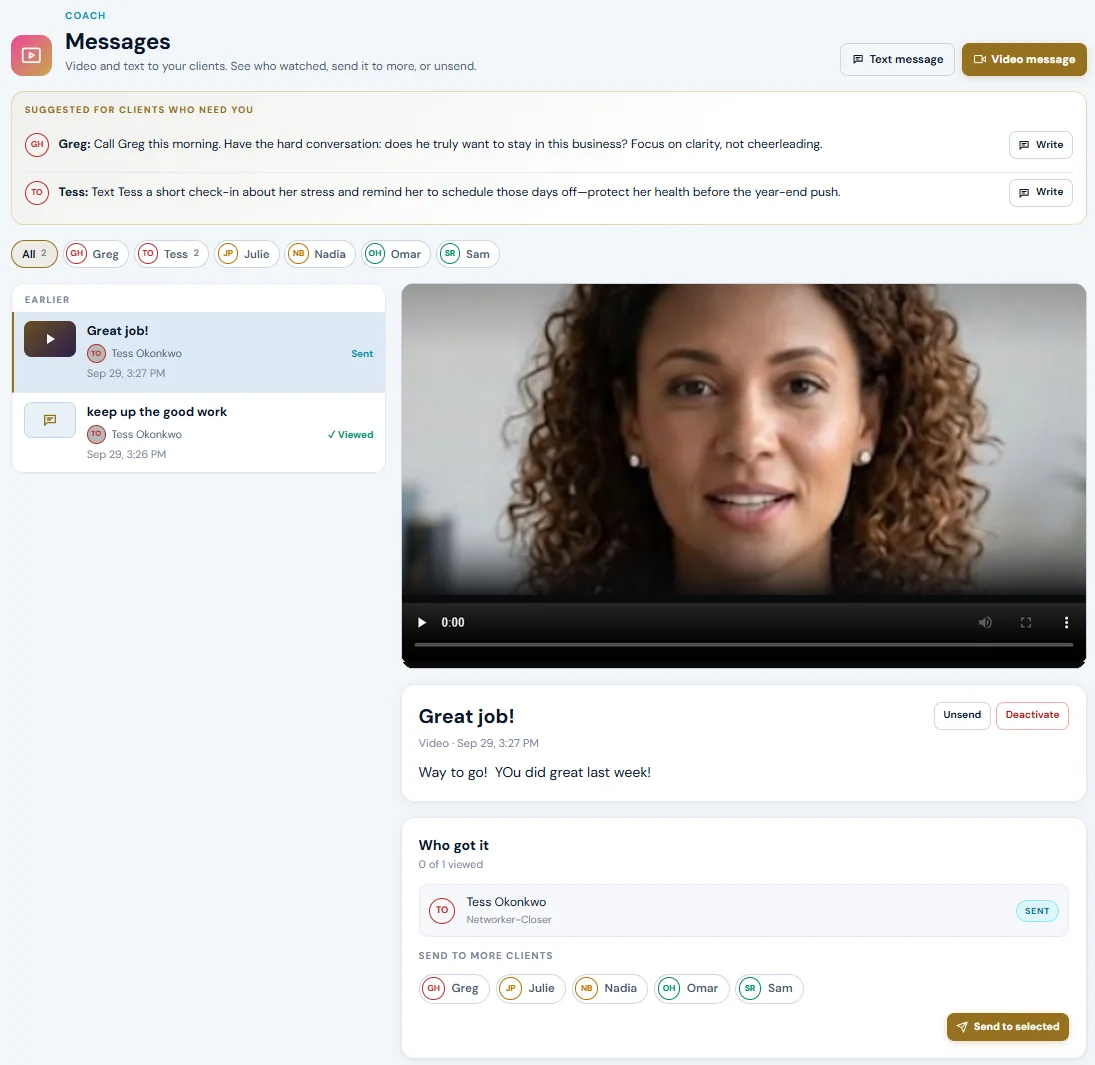 Video messages to agents with suggestions for who needs one and who watched