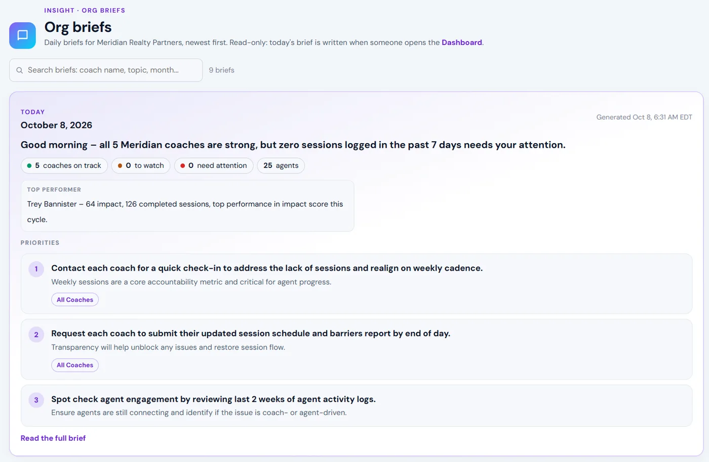 Org briefs: every daily brief kept, newest first, searchable