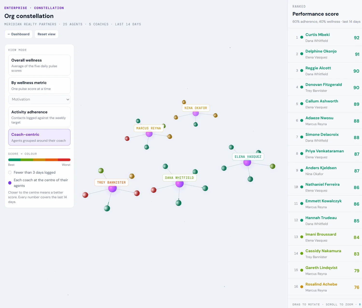 The org constellation with each coach at the center of their agents and a ranked performance score