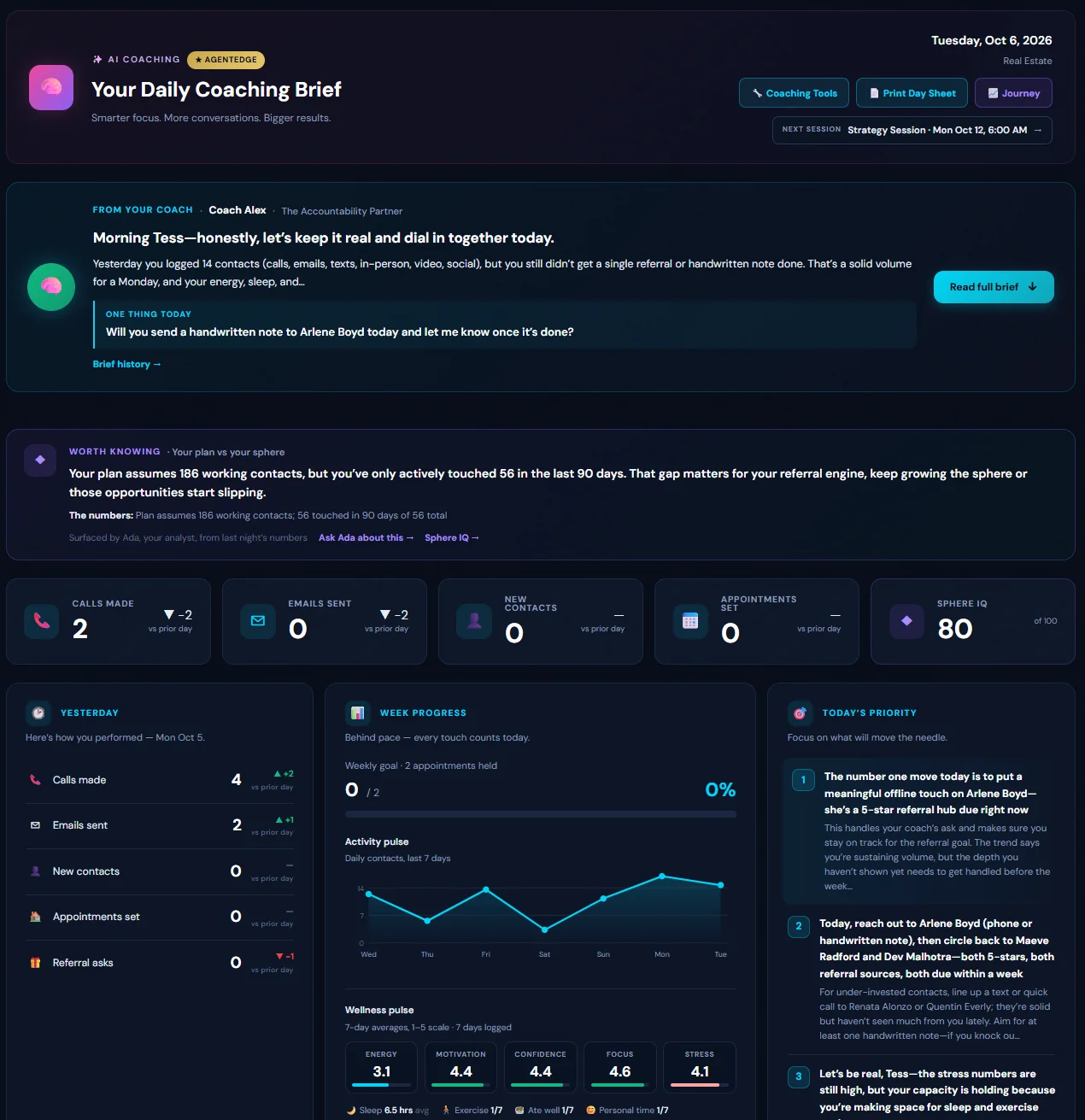The Today page in dark mode with the daily brief and Worth Knowing
