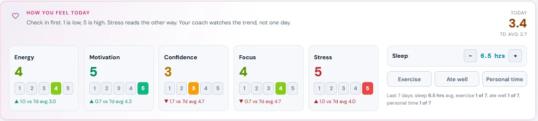 How you feel today: energy, motivation, confidence, focus, stress, sleep, exercise, ate well and personal time